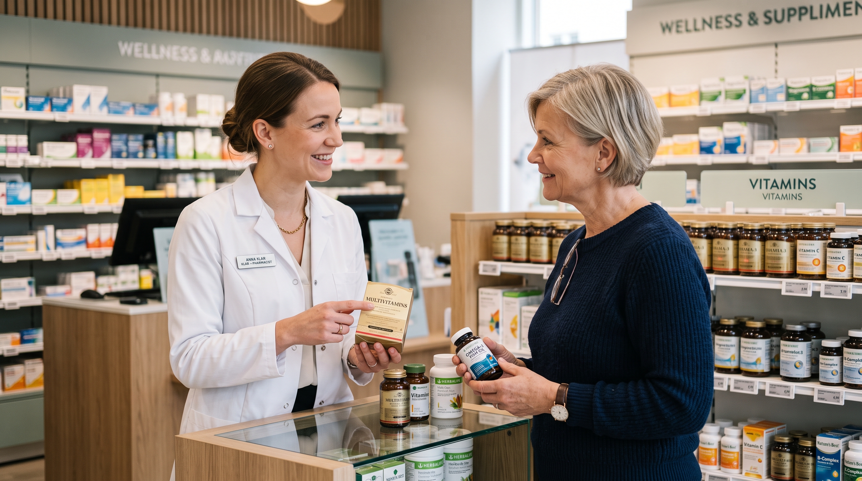 Farmacist oferind recomandări profesionale despre vitamine și minerale unui client în farmacie